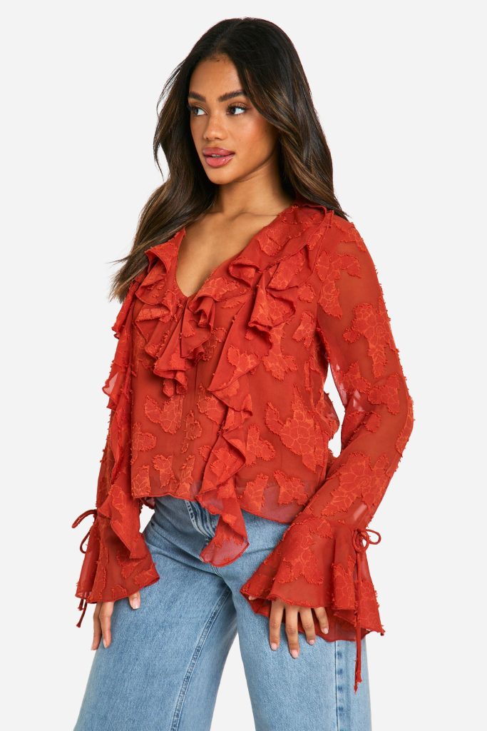 Burnout Bloemen Blouse Met Laag Decolleté En Ruches