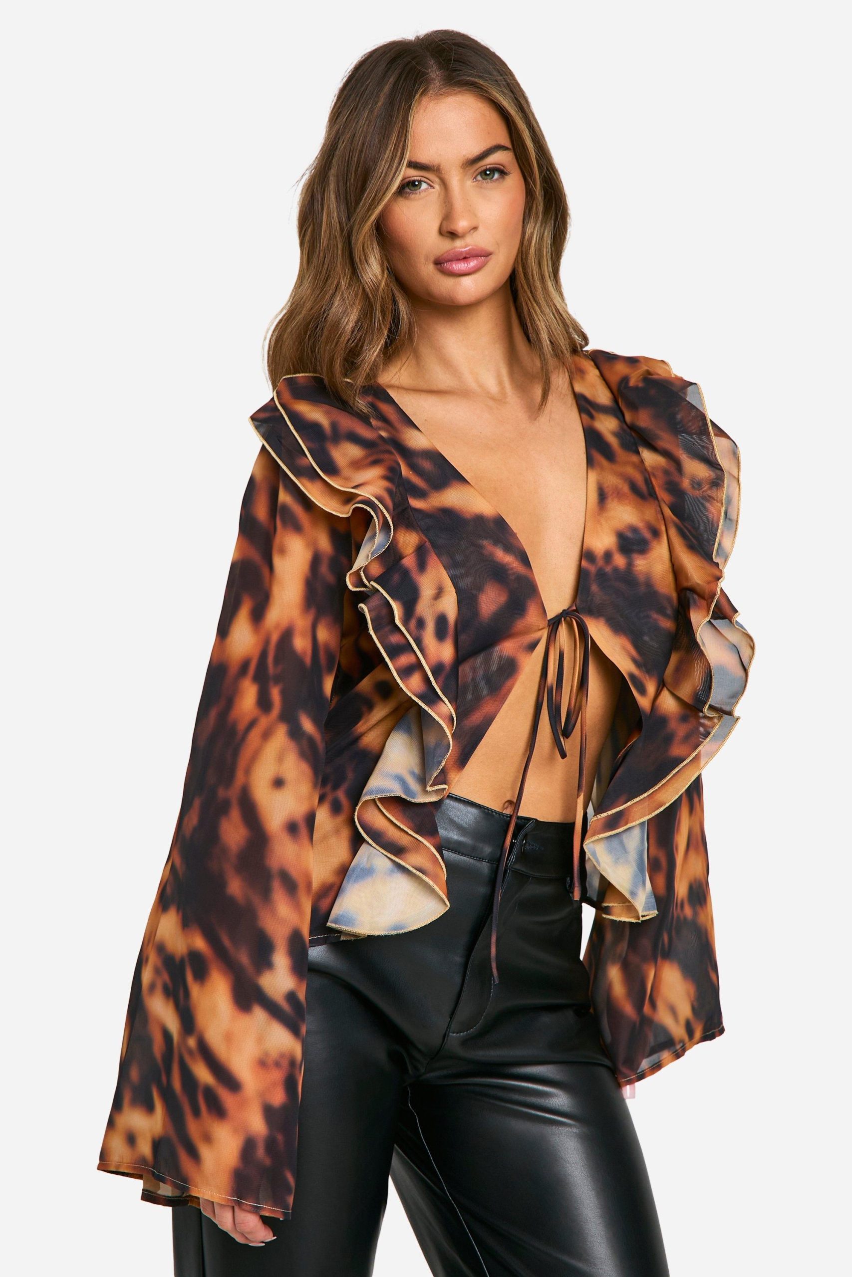 Chiffon Luipaardprint Blouse Met Ruches En Wijde Mouwen