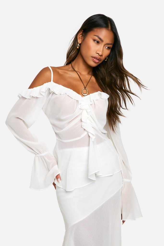 Chiffon Blouse Met Open Schouders En Ruches