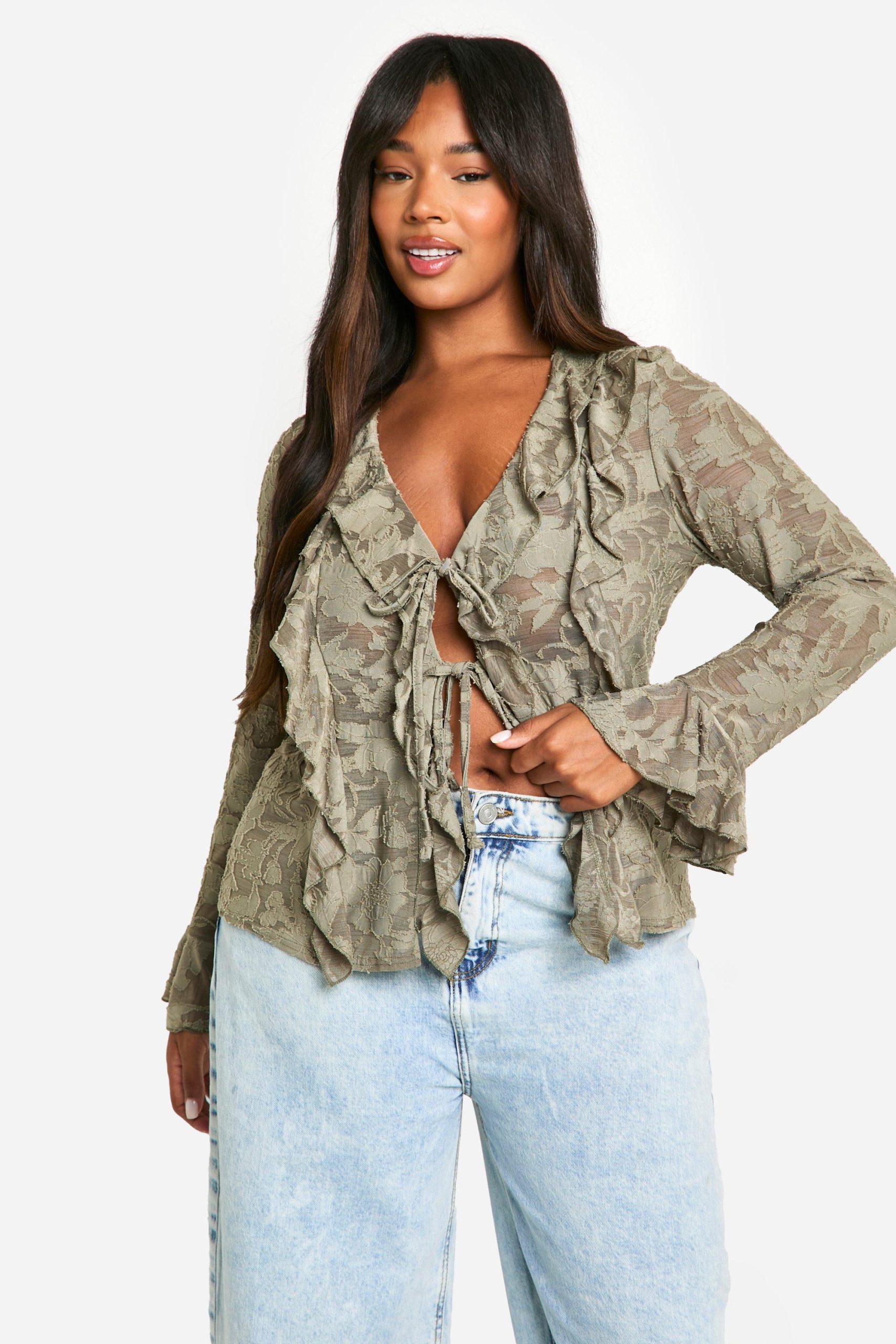 Plus Burnout Blouse Met Ruches En Strik