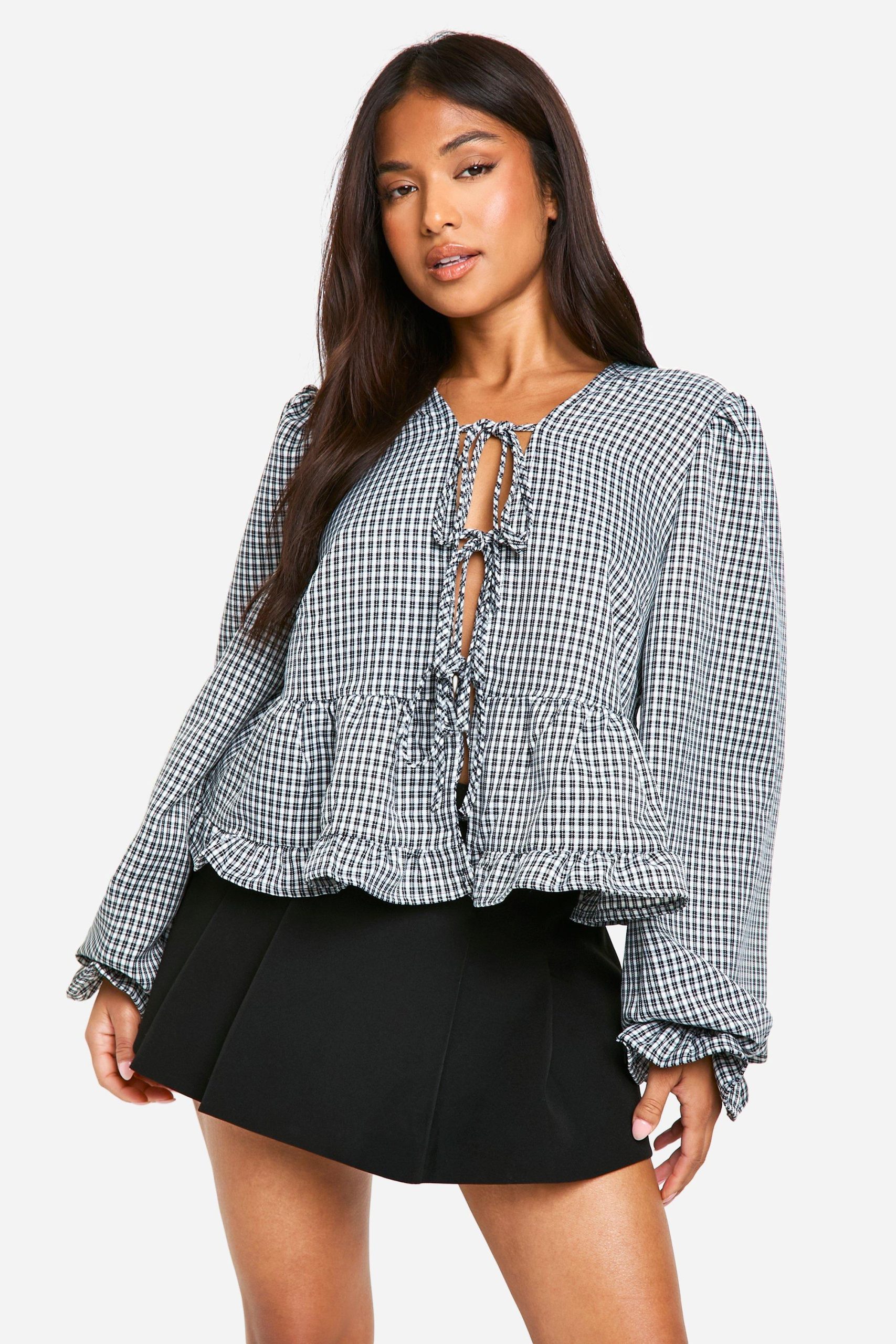 Petite Gesmokte Gingham Top Met Strik