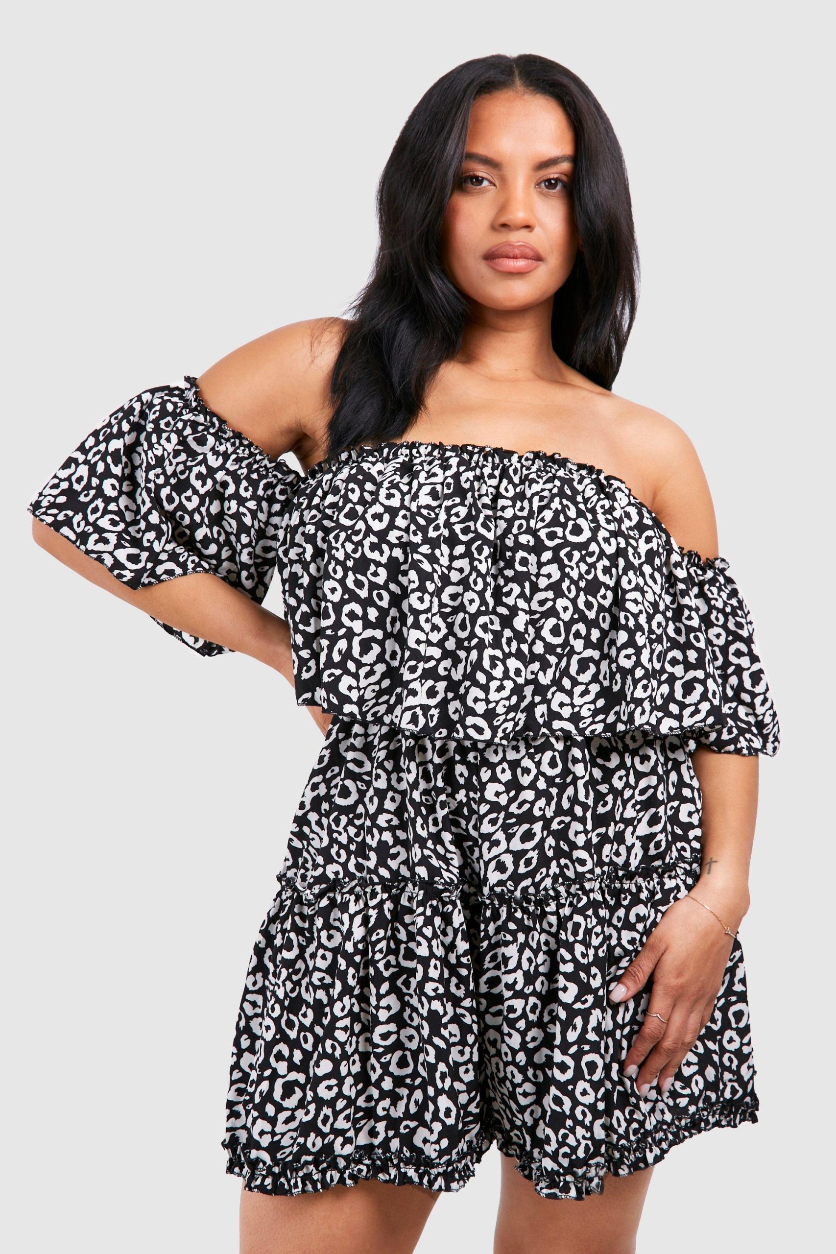 Plus Luipaardprint Off Shoulder Romper Met Ruches