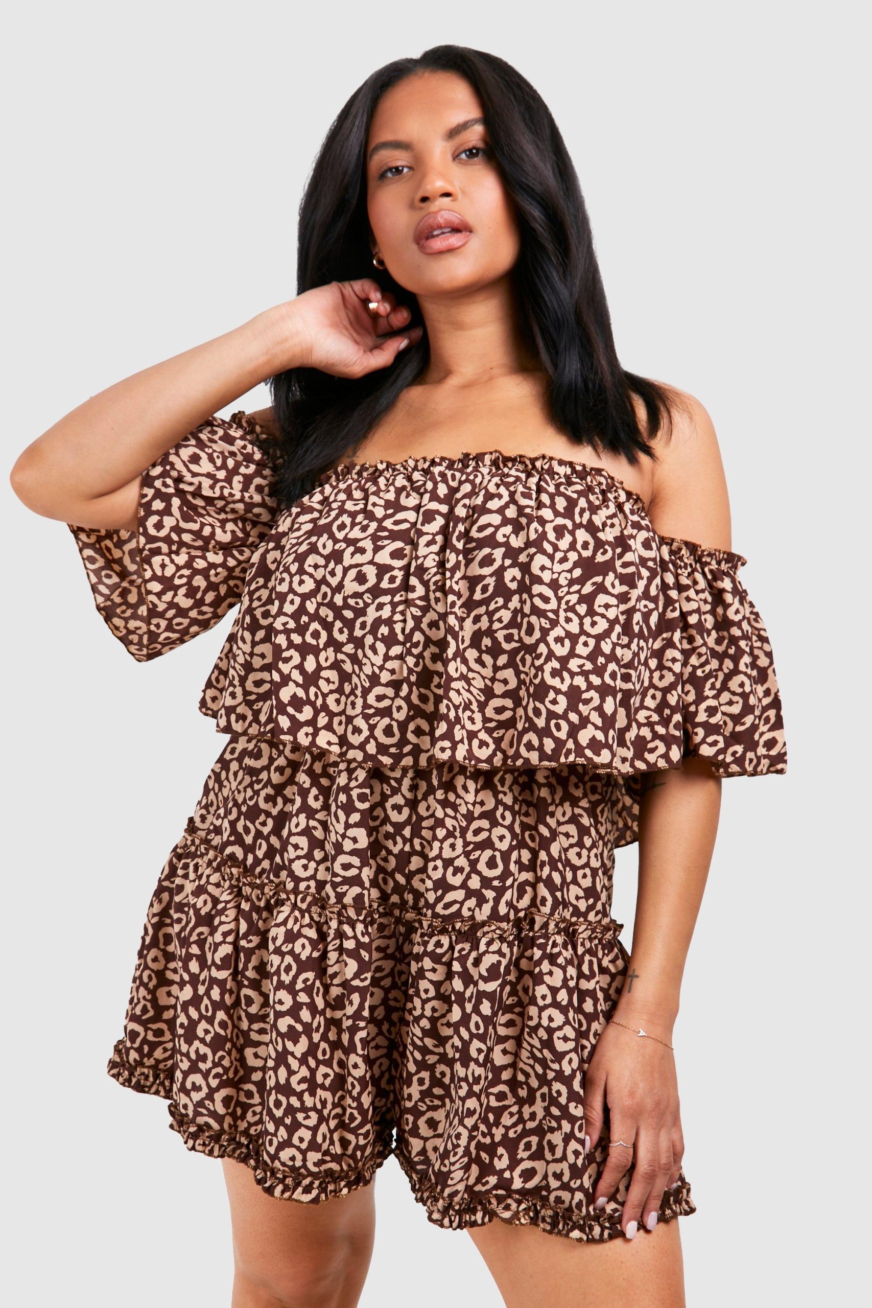 Plus Luipaardprint Off Shoulder Romper Met Ruches