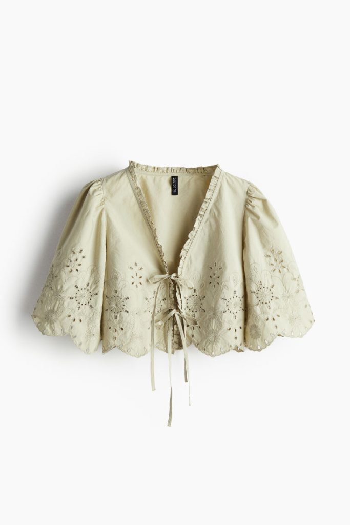 H & M - Cropped blouse met broderie anglaise - Groen