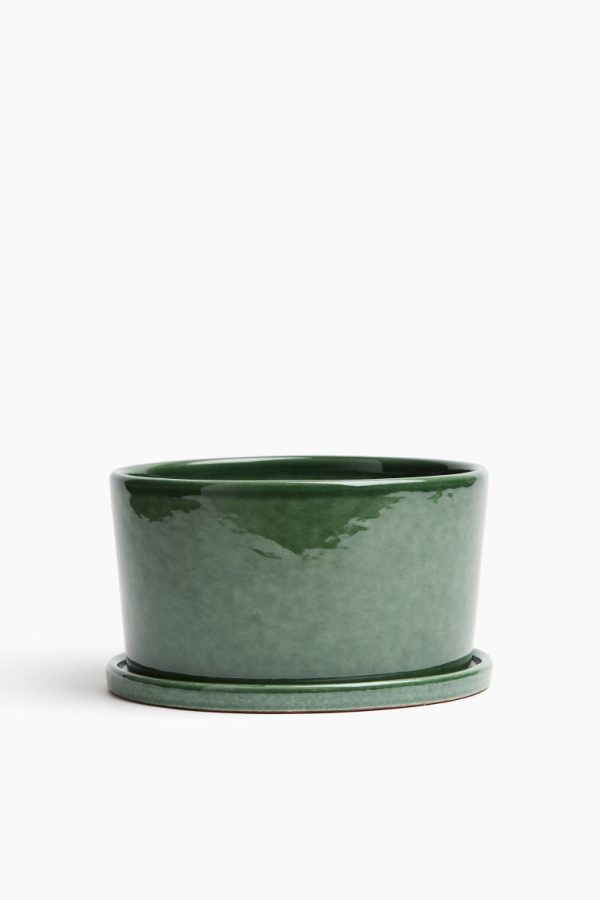 H & M - Brede terracotta bloempot met schotel - Groen