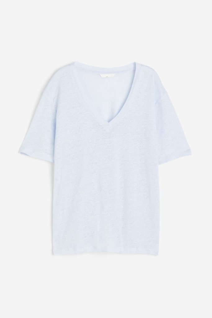 H & M - T-shirt van linnen tricot met V-hals - Blauw