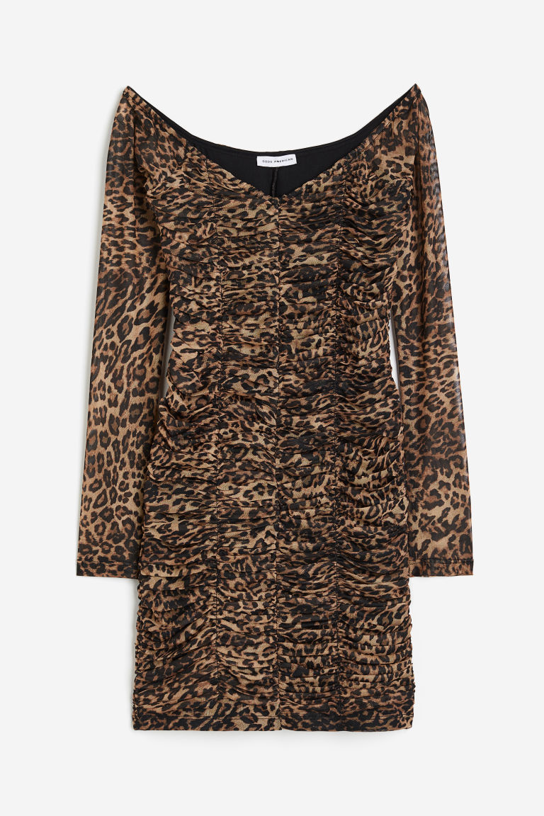 H & M - Schoudervrije Mesh Mini-jurk Met Ruches - Bruin