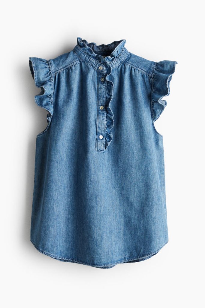 H & M - Denim blouse met volantmouwtjes - Blauw