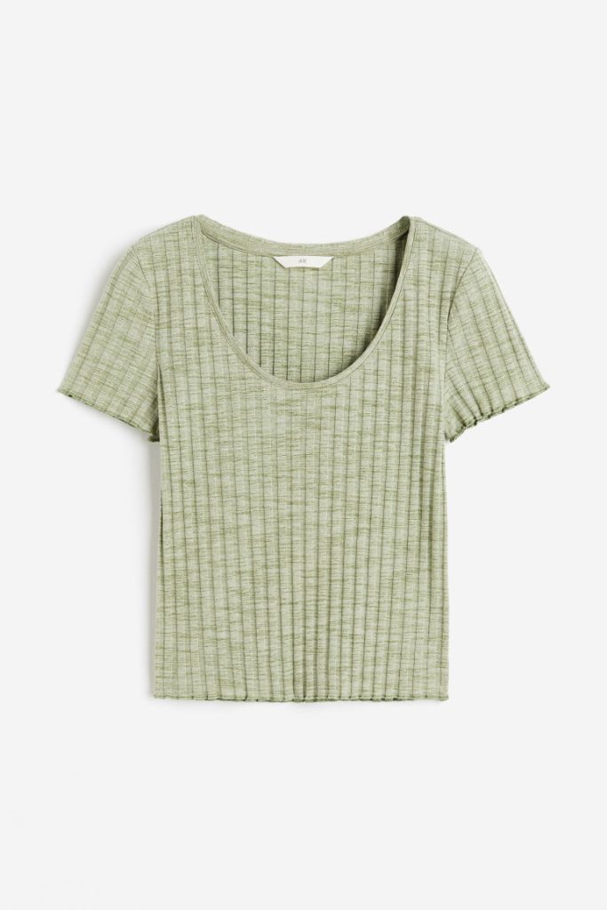 H & M - Geribd T-shirt met diepe hals - Groen