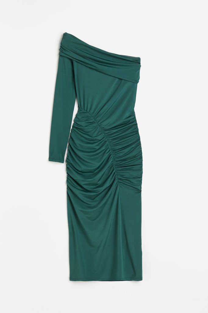 H & M - Gedrapeerde off-the-shoulderjurk - Groen