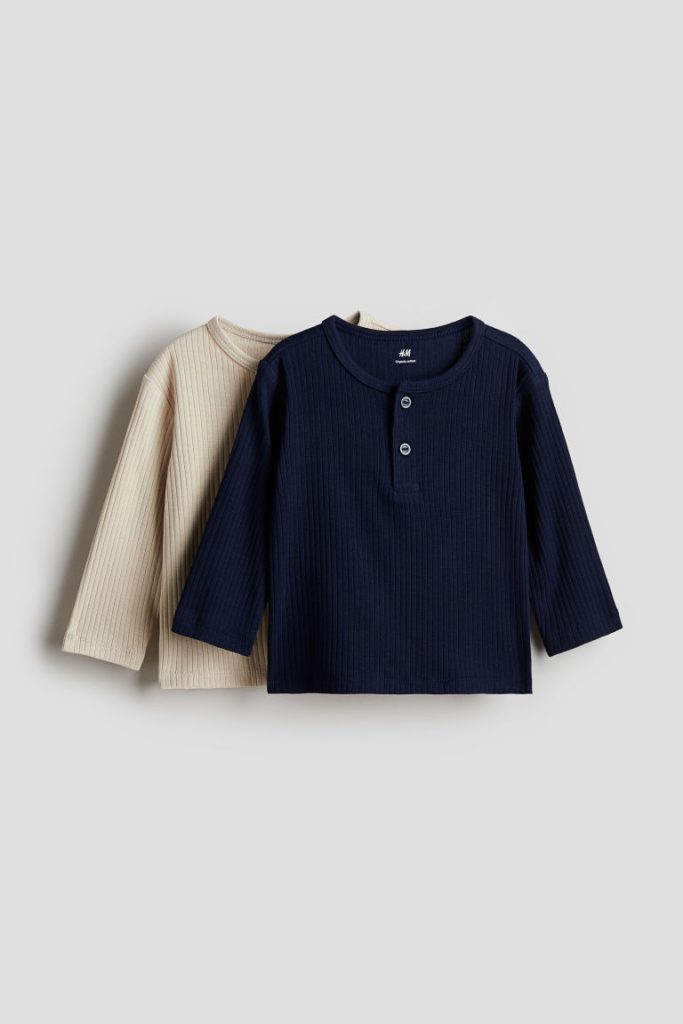 H & M - Set van 2 tops van ribtricot - Blauw