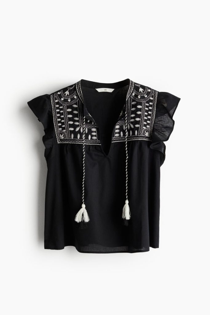 H & M - Katoenen blouse met borduursel - Zwart