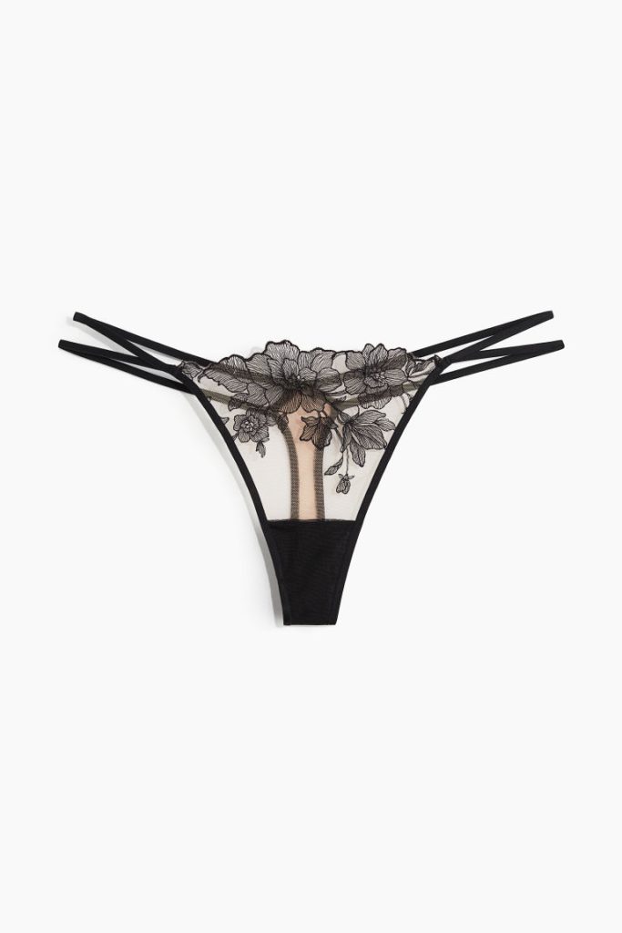 H & M - Slip met borduursel - Thong - Zwart