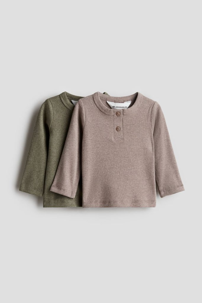 H & M - Set van 2 katoenen henleyshirts - Groen