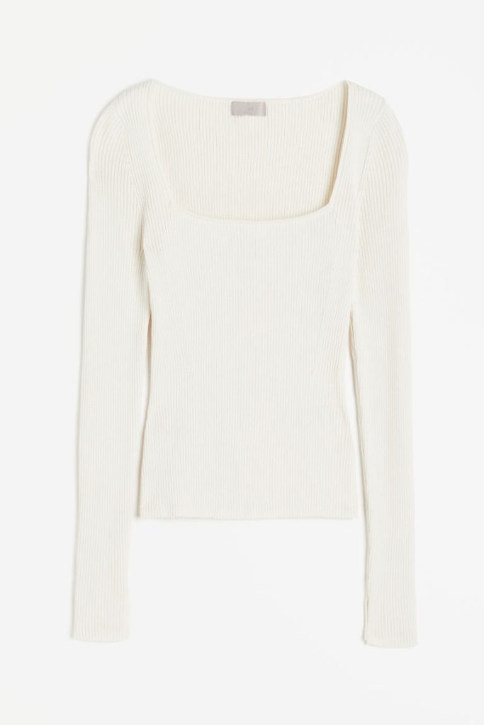 H & M - Ribgebreide top met vierkante hals - Beige