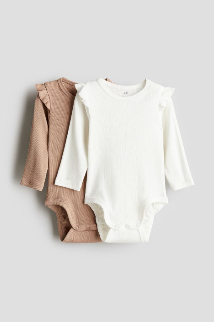 H & M - Set van 2 rompers met lange mouwen - Beige