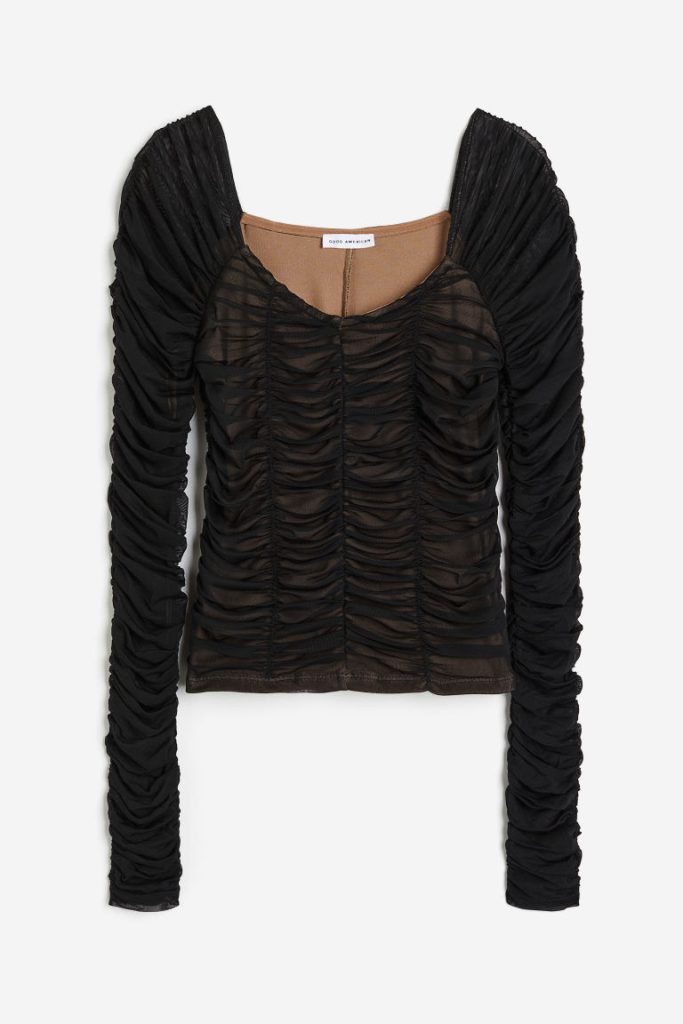 H & M - Mesh Ls Top Met Ruches - Zwart