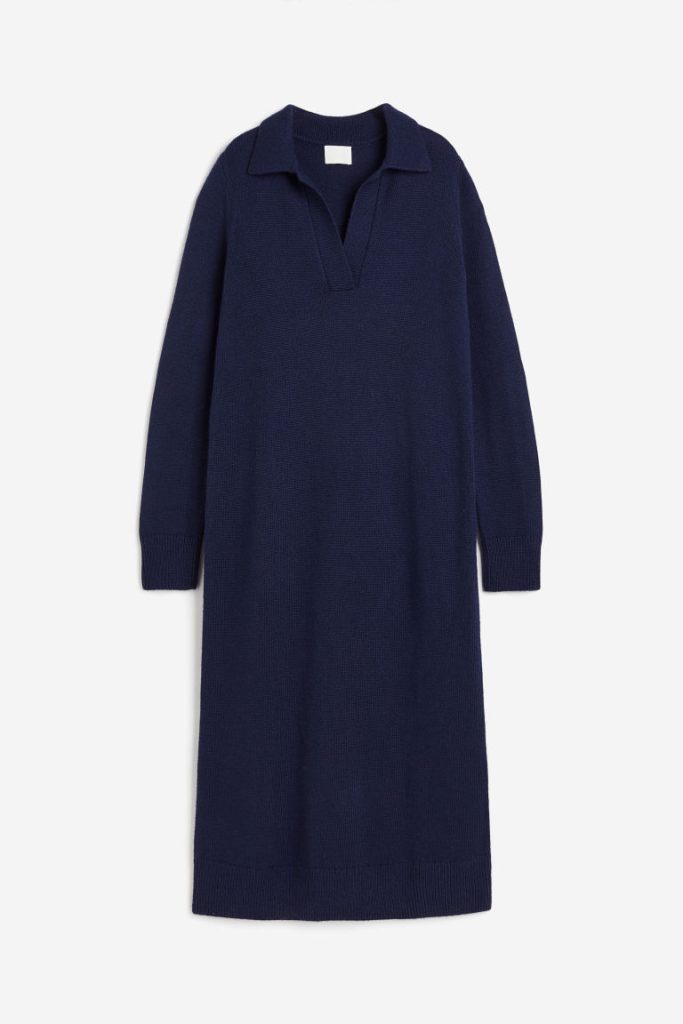 H & M - Gebreide jurk met kraag - Blauw