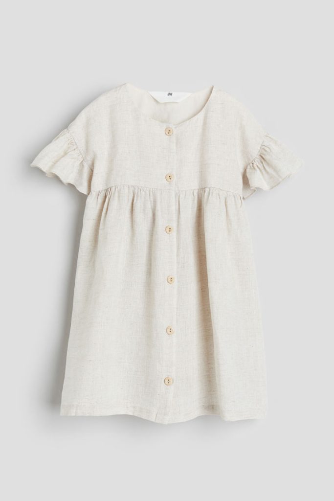 H & M - Linnen jurk met volantmouwtjes - Beige