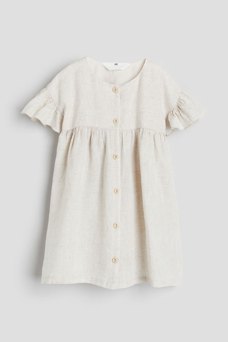 H & M - Linnen jurk met volantmouwtjes - Beige