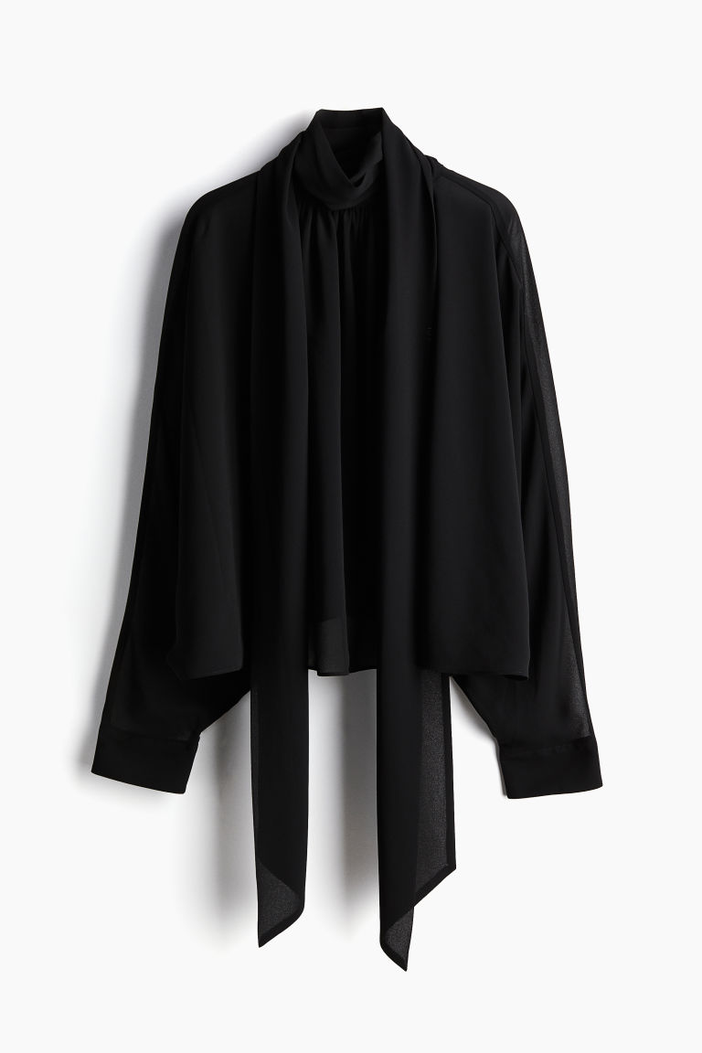 H & M - Chiffon blouse met strikbanden - Zwart