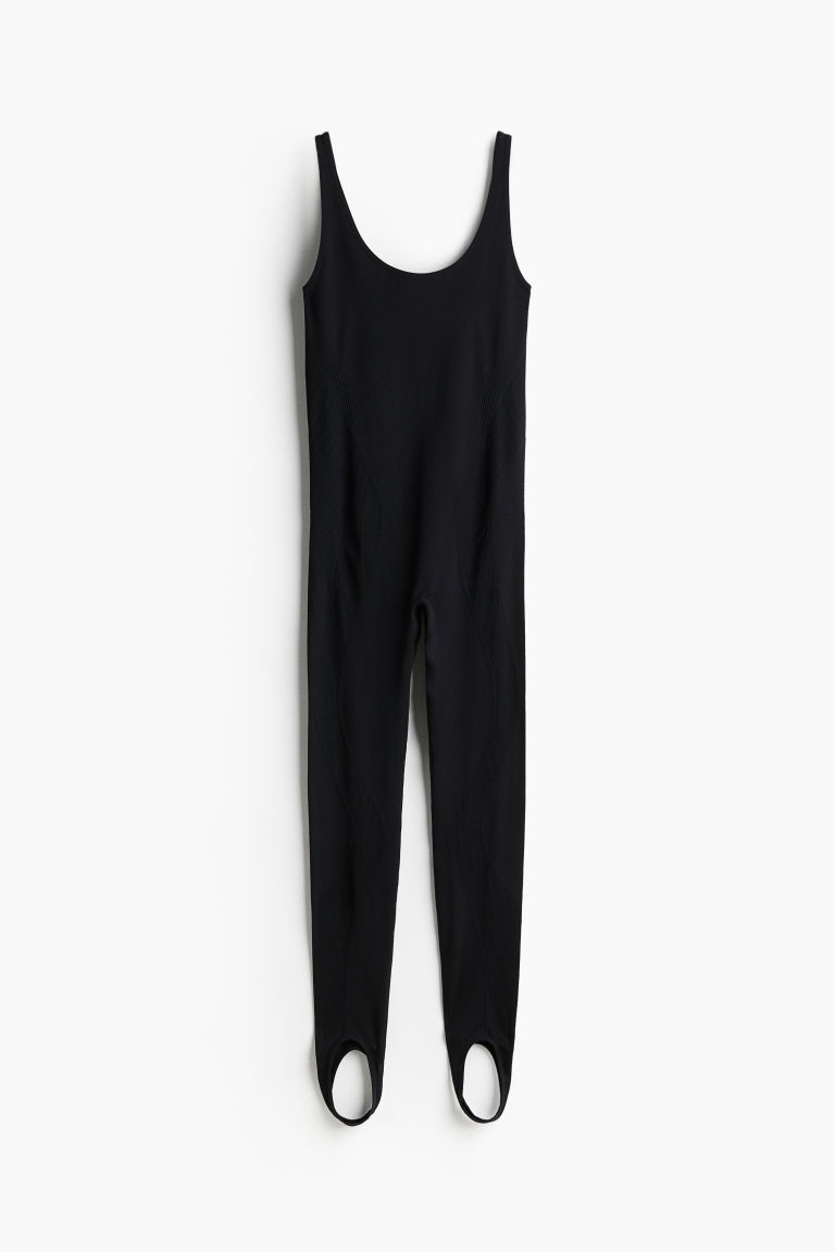 H & M - Geribde catsuit met voetlussen - Zwart