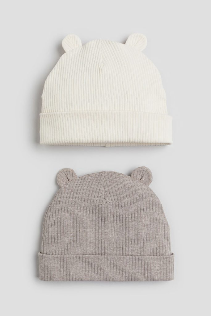 H & M - Set van 2 geribde beanies met oortjes - Beige