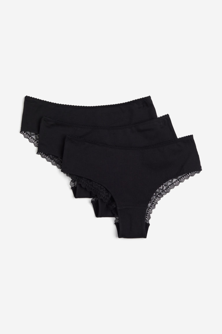 H & M - Set van 3 katoenen slips met kant - Hipster - Zwart