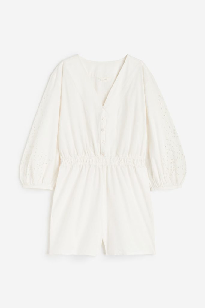 H & M - Korte jumpsuit met broderie anglaise - Wit