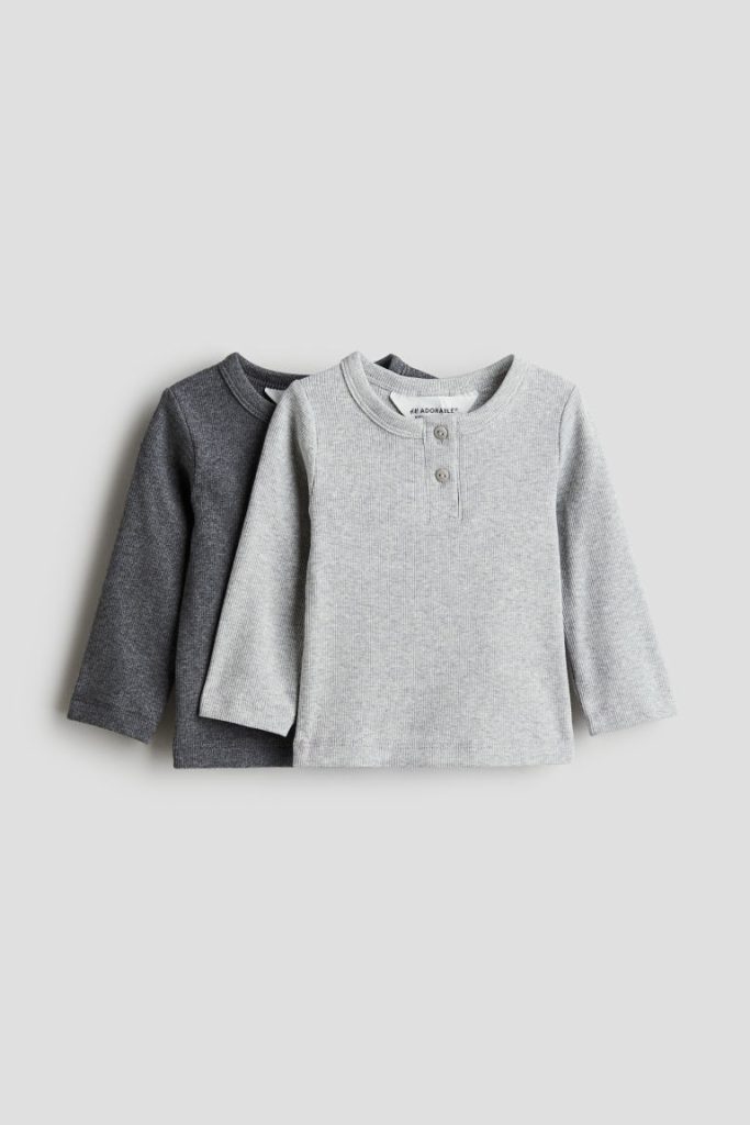 H & M - Set van 2 katoenen henleyshirts - Grijs