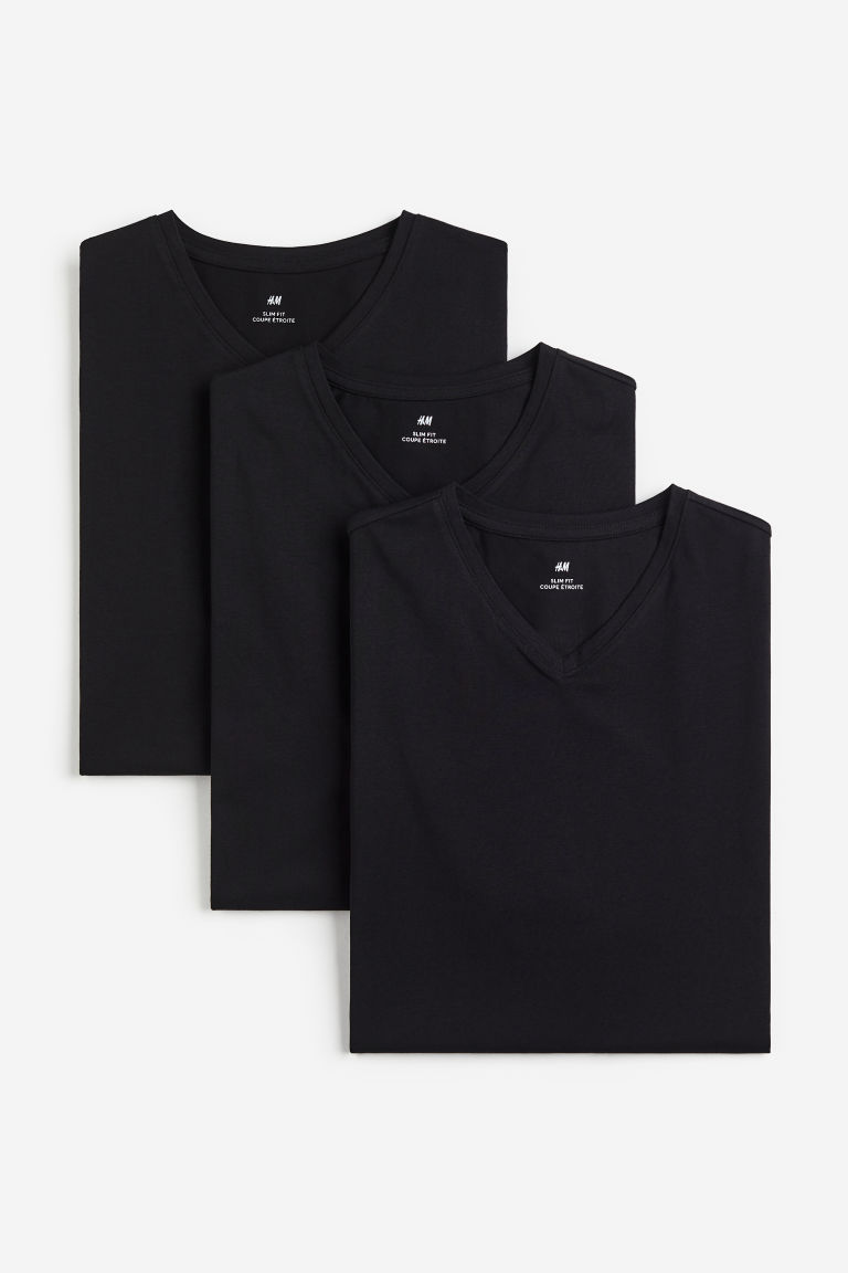 H & M - Set van 3 T-shirts met V-hals - Slim Fit - Zwart