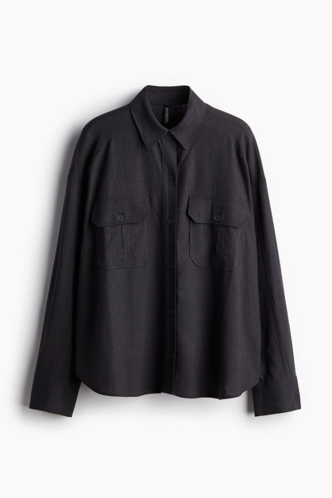 H & M - Oversized overhemdblouse van linnenmix - Grijs