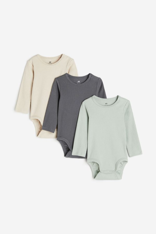 H & M - Set van 3 geribde rompers - Groen