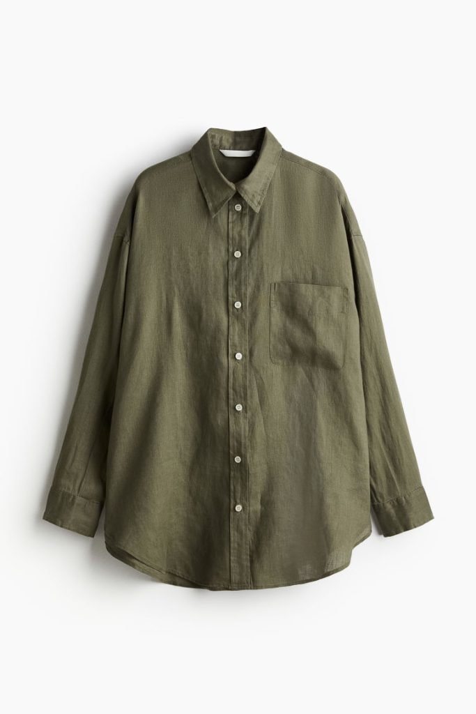 H & M - Oversized linnen overhemdblouse - Groen