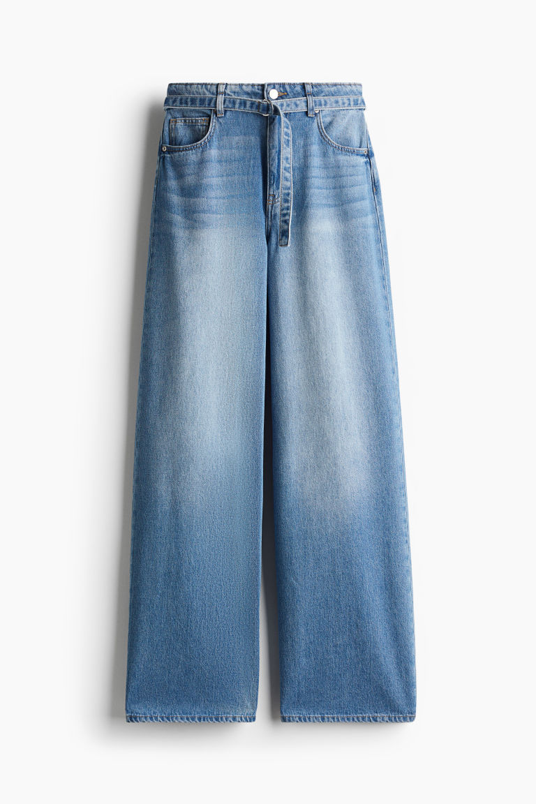 H & M - Wijde jeans met strikceintuur - Blauw