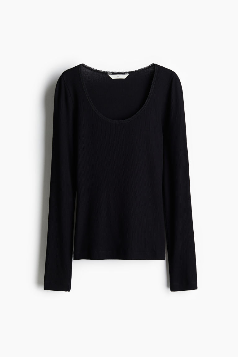 H & M - Geribde top met kant - Zwart