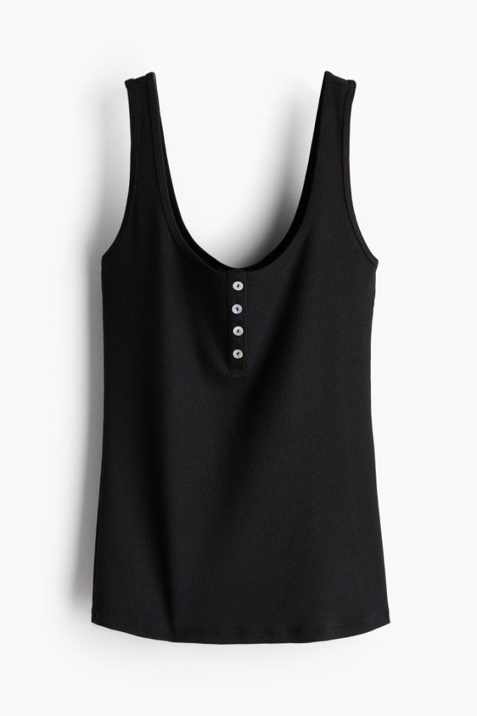 H & M - Geribde singlet met knoopsluiting boven - Zwart