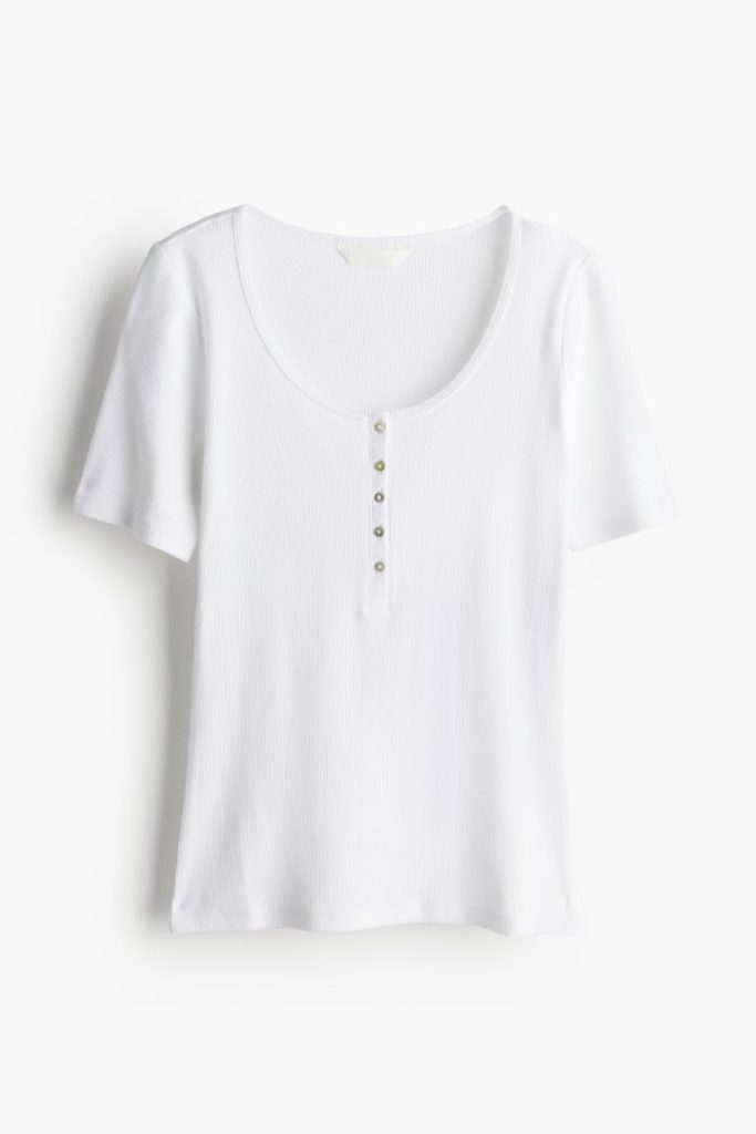 H & M - Geribde henleytop - Wit