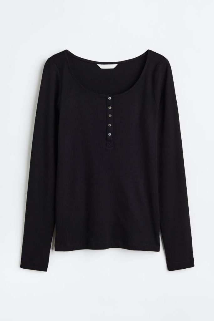 H & M - Geribde henleytop - Zwart