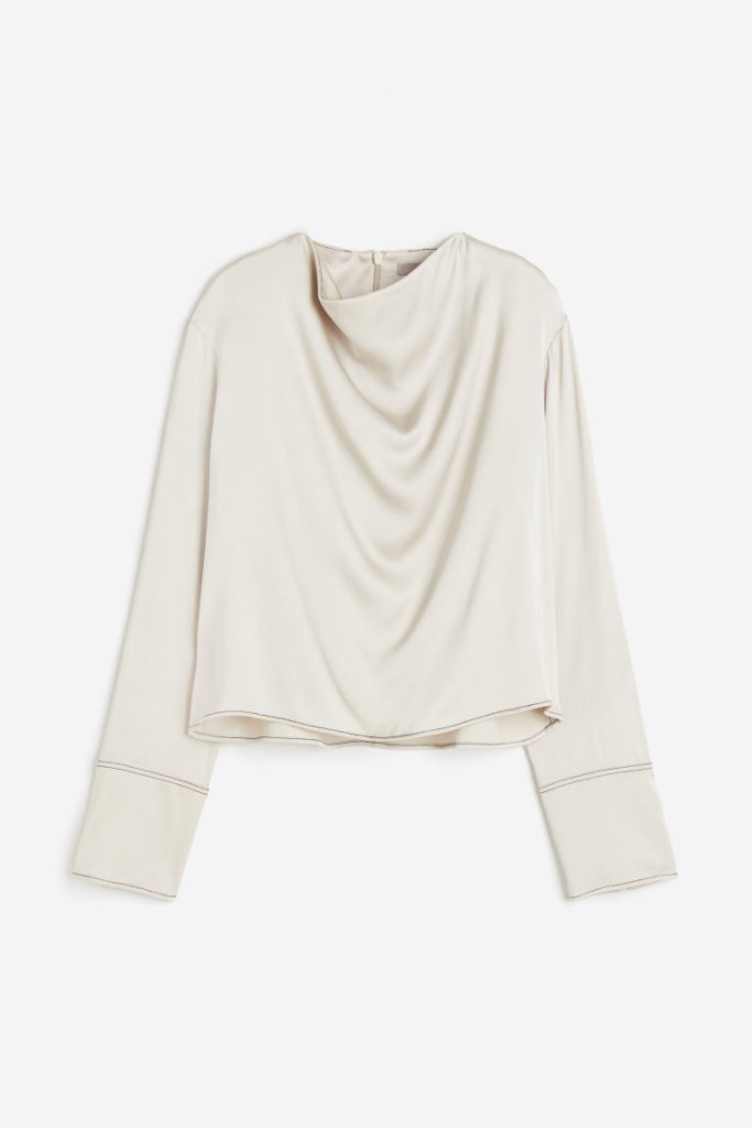 H & M - Satijnen blouse met watervalhals - Beige