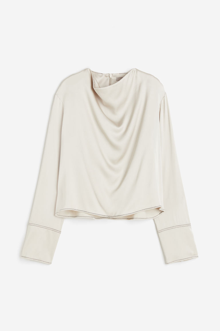 H & M - Satijnen blouse met watervalhals - Beige