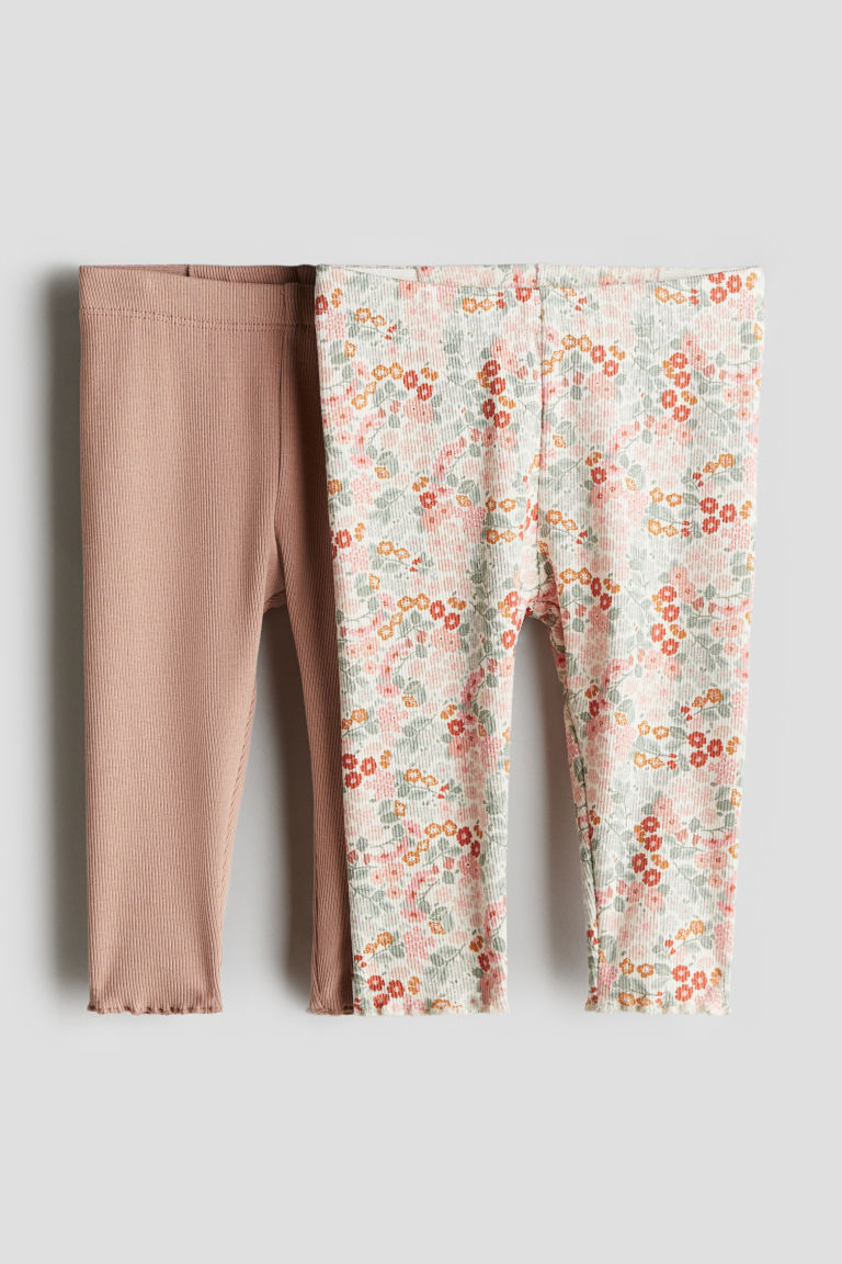 H & M - Set van 2 geribde katoenen leggings - Beige