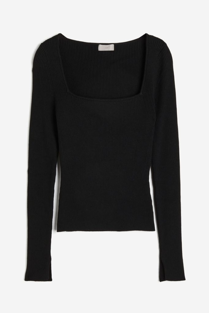 H & M - Ribgebreide top met vierkante hals - Zwart