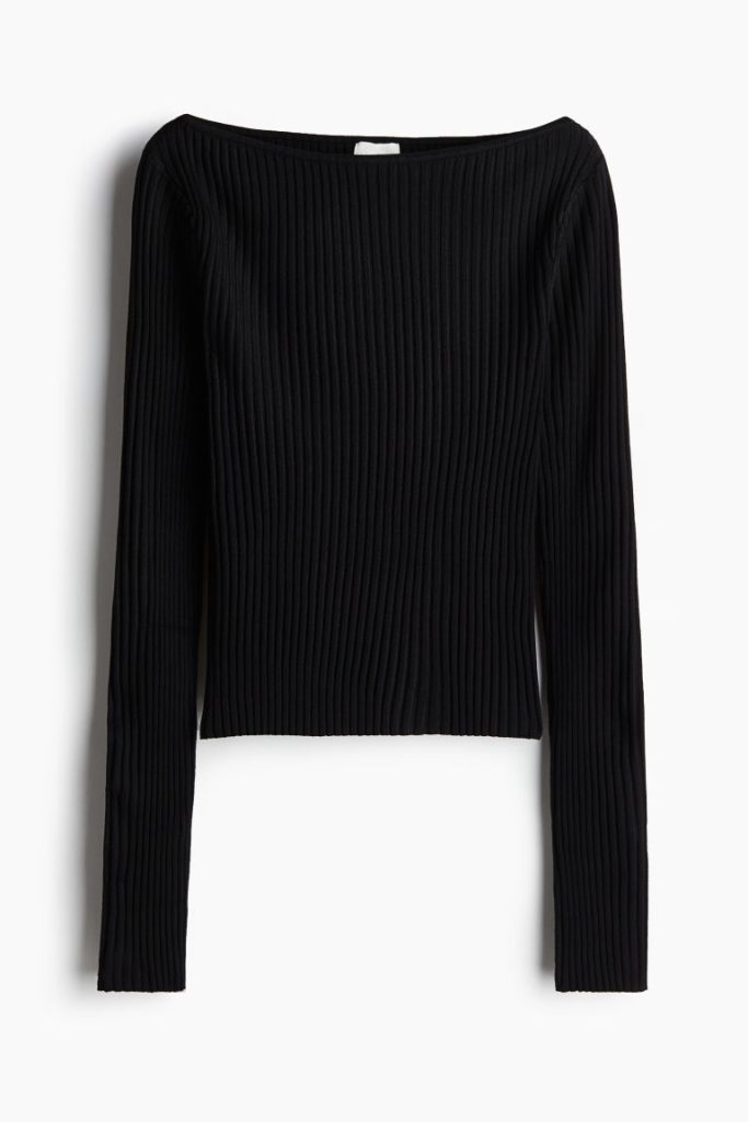 H & M - Ribgebreide top met boothals - Zwart