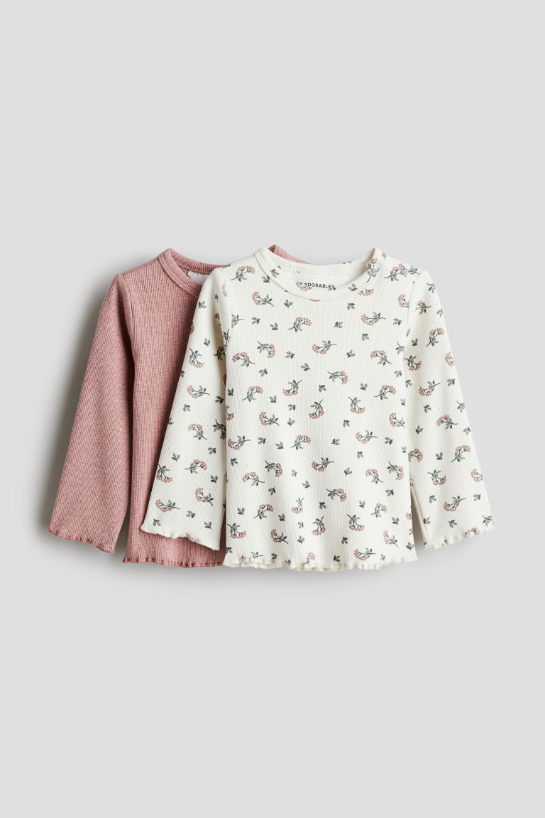 H & M - Set van 2 geribde katoenen tops - Roze