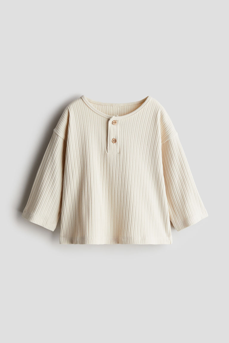 H & M - Geribd henleyshirt - Beige