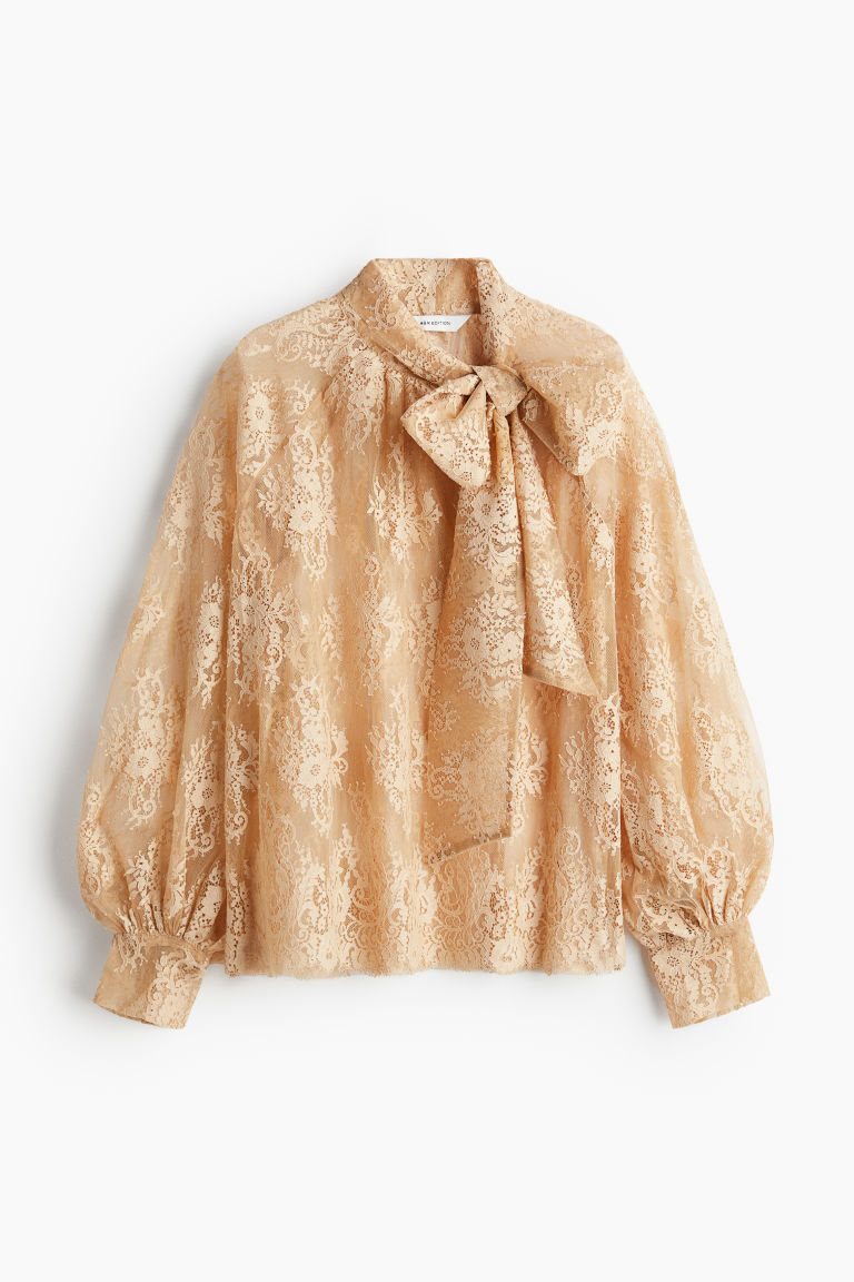 H & M - Kanten blouse met strikbanden - Beige