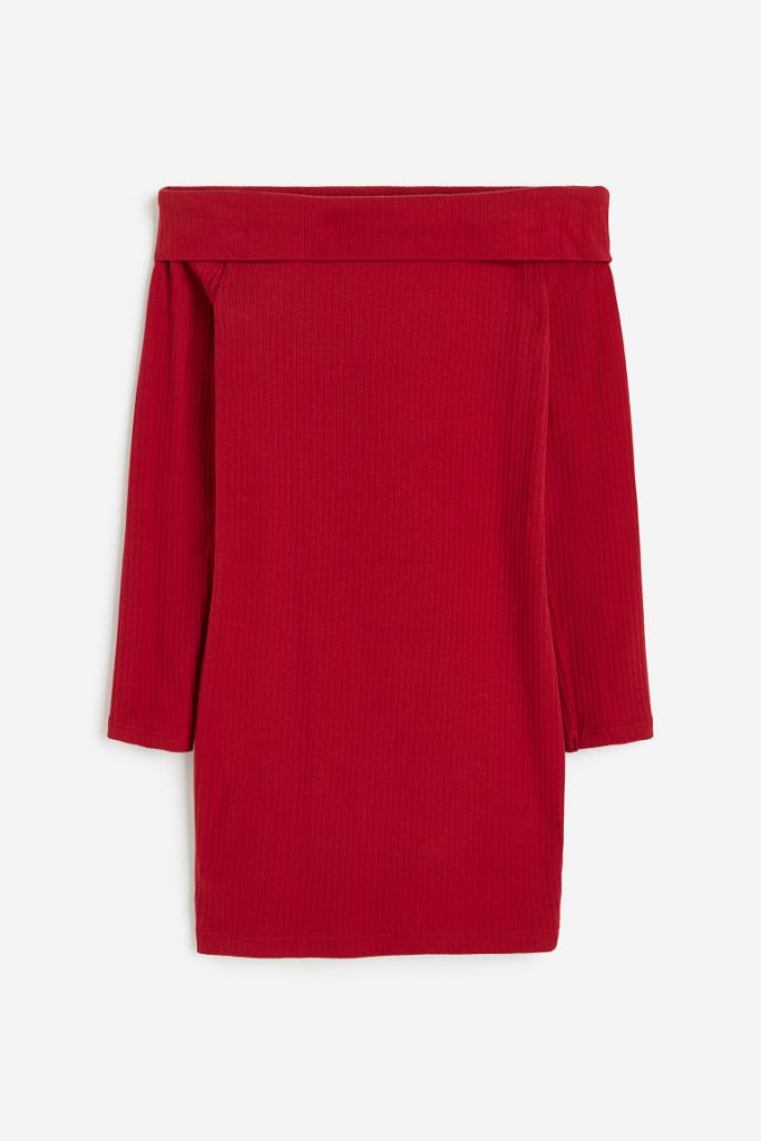 H & M - Geribde off-the-shoulderjurk - Rood