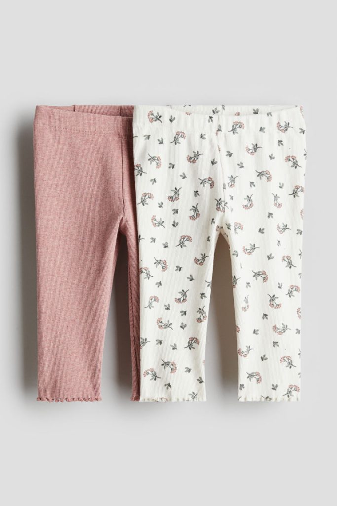 H & M - Set van 2 geribde katoenen leggings - Roze