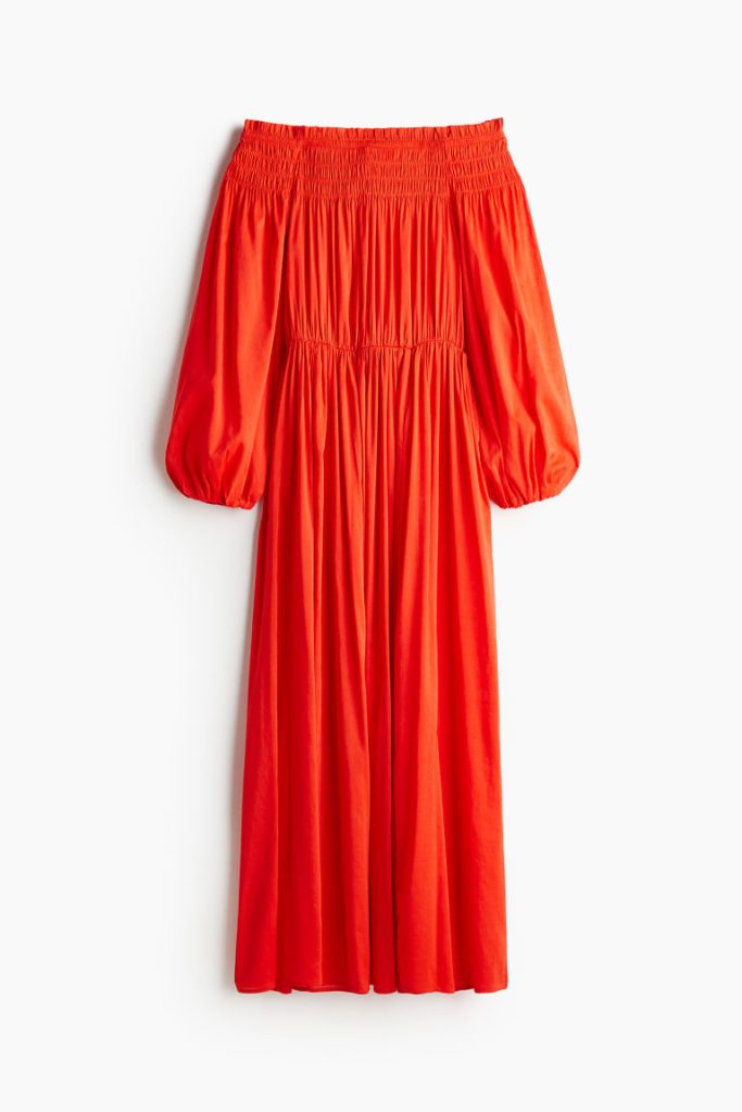 H & M - Off-the-shoulderjurk met smokwerk - Oranje